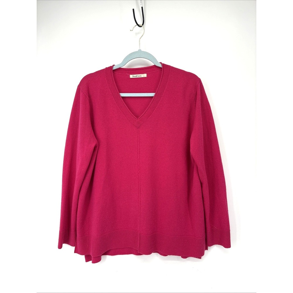 Woolovers Merino Cashmere Sweater Large Rasberry Pink Long Sleeve V Neck